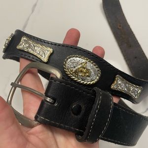 Vintage Western Scalloped Black Leather Belt with Silver Details